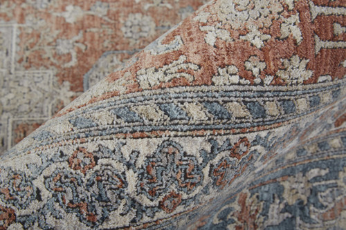 7' X 10' Blue and Red Oriental Power Loom Worn Faded Area Rug With Fringe