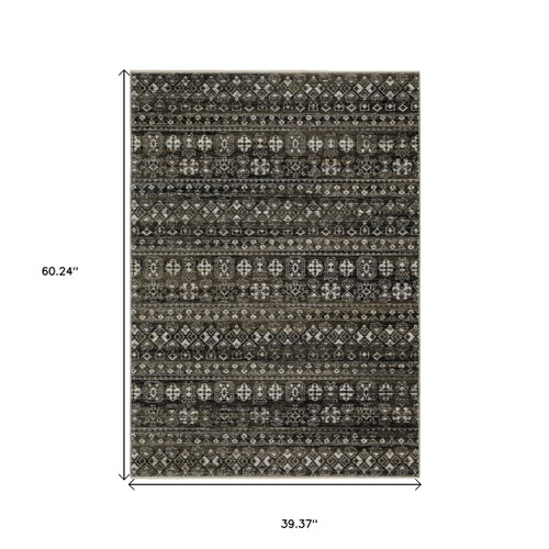 3' X 5' Black And Gray Tribal Area Rug With Fringe