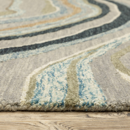8' Gray And Blue Wool Abstract Hand Tufted Runner Rug