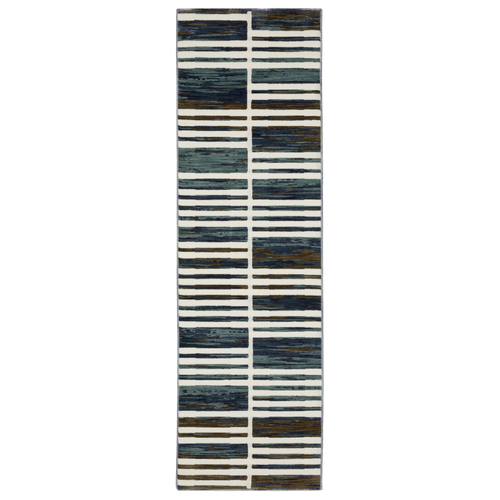 8' Ivory And Blue Geometric Runner Rug