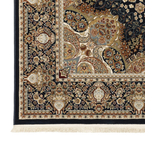 5' X 8' Navy Blue Tan And Black Medallion Area Rug With Fringe