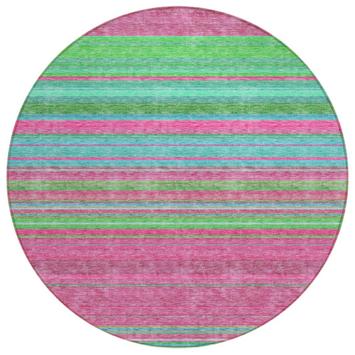 8' Blush Lime Green And Teal Blue Round Striped Washable Indoor Outdoor Area Rug