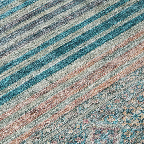 8' Teal Blue Salmon And Beige Round Medallion Washable Indoor Outdoor Area Rug