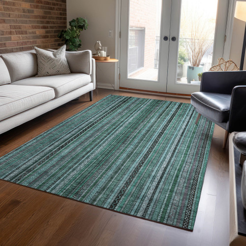 8' X 10' Teal Blue Aqua And Gray Striped Washable Indoor Outdoor Area Rug