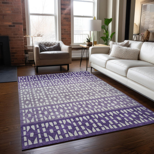 9' X 12' Purple Lavender And Ivory Geometric Washable Indoor Outdoor Area Rug