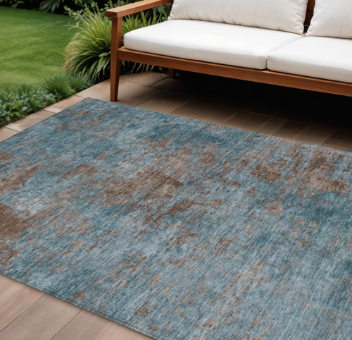 8' X 10' Teal Blue And Brown Abstract Washable Indoor Outdoor Area Rug