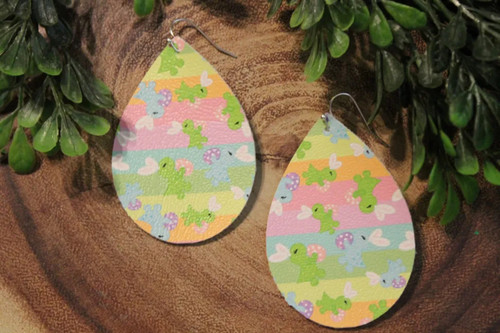 Easter Dinosaurs || Faux Leather Teardrop Dangle Earrings || Single-Sided