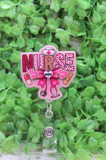 NURSE Pink Bow Stethoscope Badge Reel
