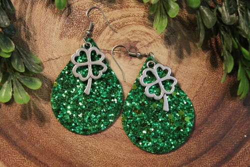 Green Glitter & Clover Charm || Faux Leather Teardrop Dangle Earrings