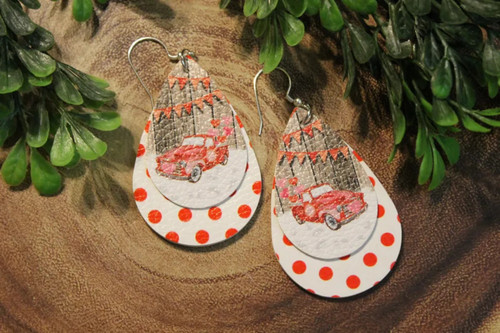 Red Truck & Hearts || Faux Leather Teardrop Dangle Earrings