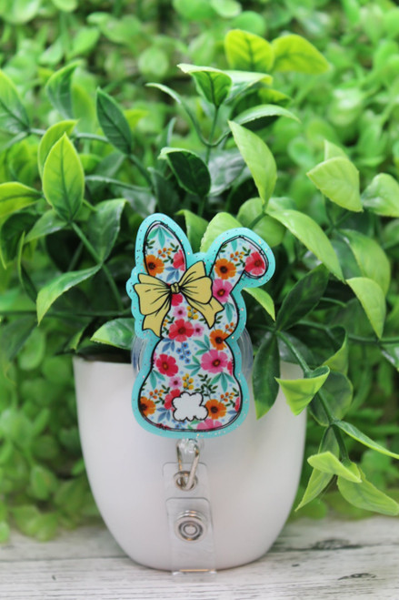 Floral Eater Rabbit with Yellow Bow Badge Reel