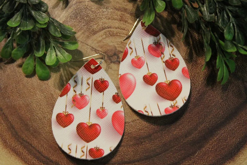 Ribbon Hearts || Faux Leather Teardrop Dangle Earrings || Single-Sided