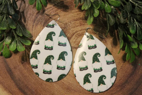 Green Plaid St. Patrick's Gnomes || Faux Leather Teardrop Dangle Earrings || Single-Sided
