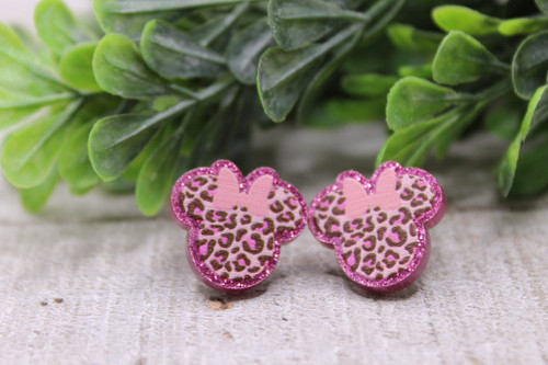 Pink Glitter Leopard Mouse with Bow Stud Earrings