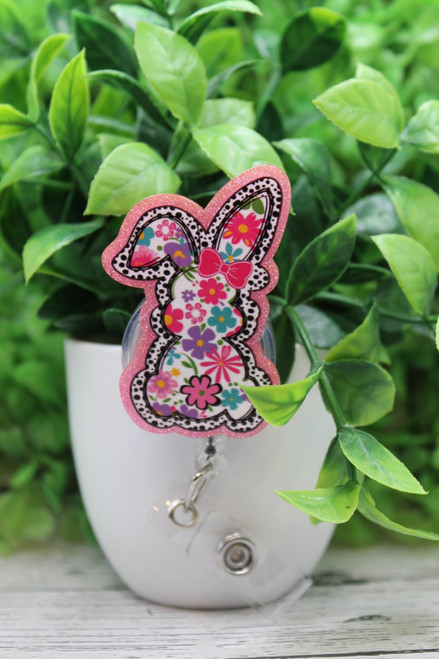 Floral Easter Rabbit with Bow Badge Reel