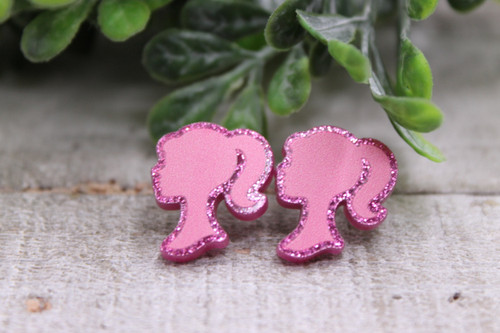Glitter Pink Barbie Silhouette || Stud Earrings