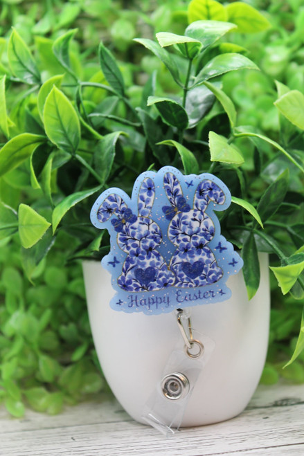 Happy Easter Blue Floral Rabbits Badge Reel