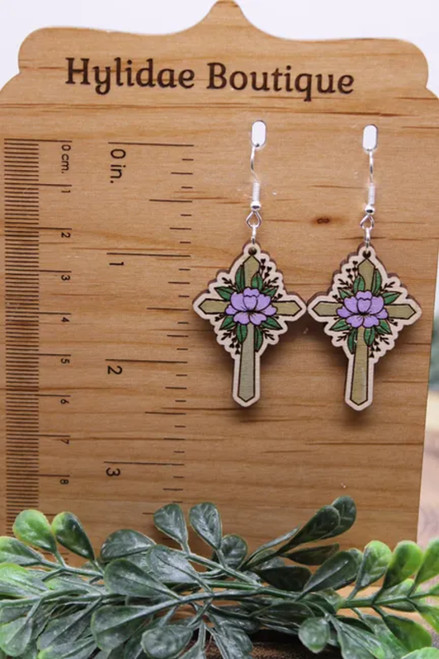 Cross with Purple Flower Wood Dangle Earrings