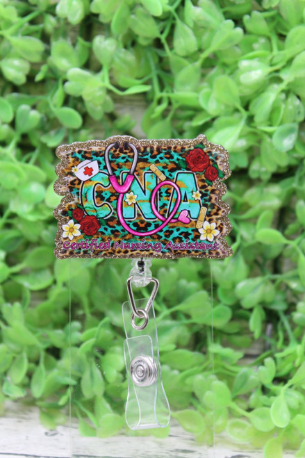 CNA Floral on Teal Leopard Badge Reel