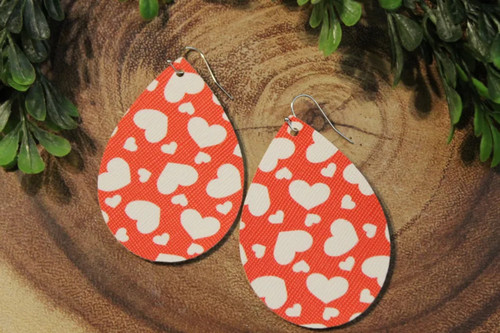 White Hearts on Red || Faux Leather Teardrop Dangle Earrings || Single-Sided