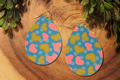 Pink & Green Hearts on Blue || Faux Leather Teardrop Dangle Earrings || Single-Sided