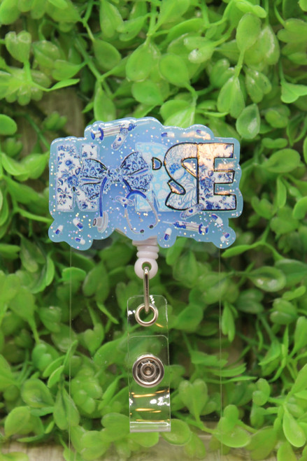 NURSE Blue Floral Stethoscope Badge/ID Holder Reel