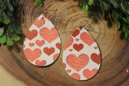 Red Rose Hearts on White || Faux Leather Teardrop Dangle Earrings || Single-Sided