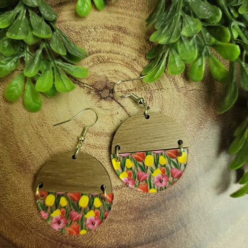 Tulip & Wood Split Circle | Dangle Earrings