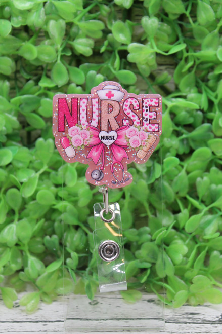 NURSE Pink Bow Stethoscope Badge Reel