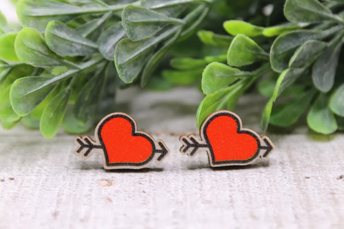 Heart with Cupid Arrow - Wood Stud Earrings