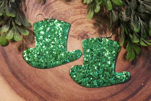 Green Glitter Leprechaun Hat || Faux Leather Teardrop Dangle Earrings {Double-Sided}