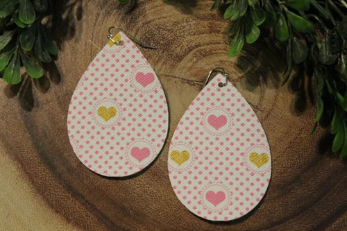 Pink and Gold Hearts || Faux Leather Teardrop Dangle Earrings || Single-Sided