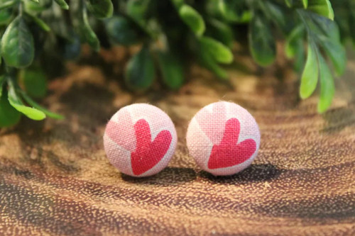 Pink and Hot Pink Heart Fabric Button Stud Earrings