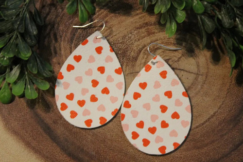 Tiny Red & Pink Hearts on White || Faux Leather Teardrop Dangle Earrings || Single-Sided