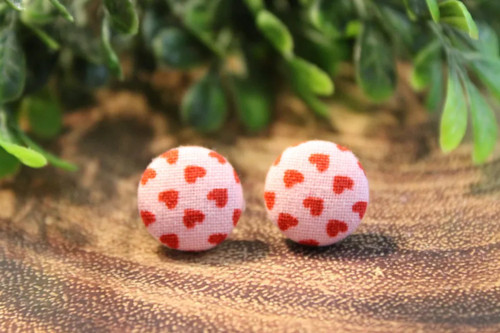 Red Hearts on Pink Fabric Button Stud Earrings