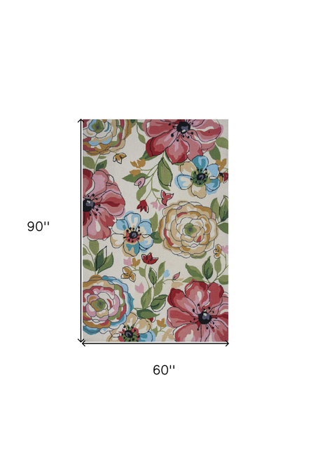 5' X 8' Sand Beige Hand Hooked Oversized Floral Indoor Area Rug