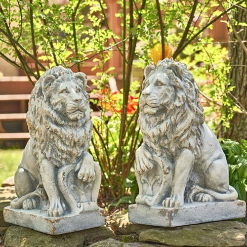 21" Tall Magnesium Lion Sentry Statues w/Fleur-de-Lis