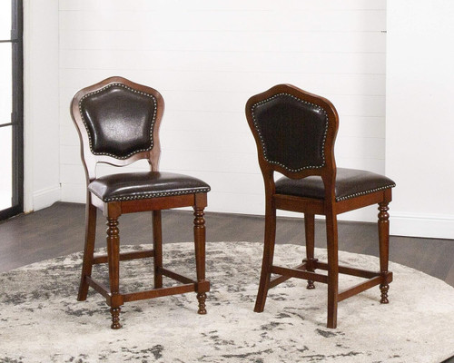 Sunset Trading Bellagio Upholstered Barstools with Backs | Counter Height Dining Chairs | Distressed Cherry Brown Wood | Nailheads | Set of 2 