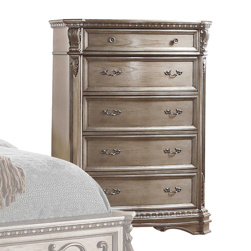 20" Champagne Carved Scrollwork Solid Wood Five Drawer Gentlemens Chest