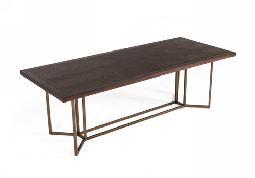 95" Brown and Brass Solid Wood and Brass Trestle Base Dining Table