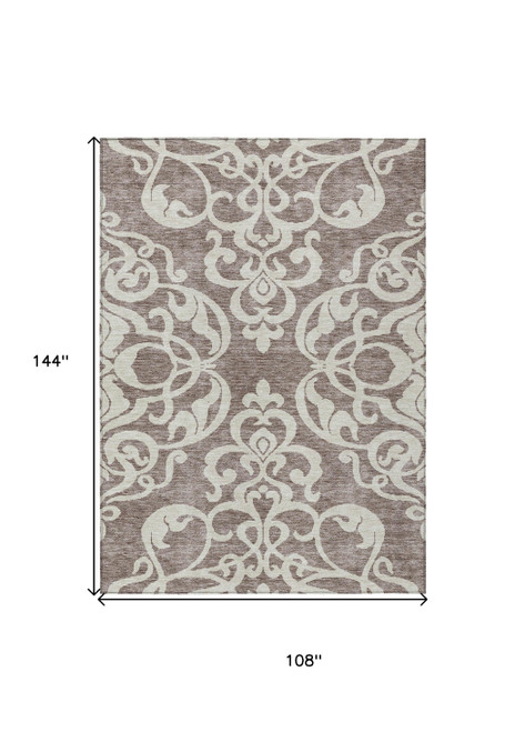 9' X 12' Taupe And Ivory Damask Washable Indoor Outdoor Area Rug