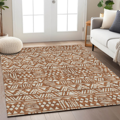 10' X 14' Terra Cotta And Beige Southwestern Washable Indoor Outdoor Area Rug