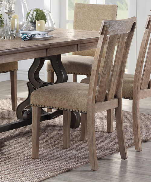 Set of Two Upholstered Fabric And Solid Wood Slat Back Dining Side Chairs