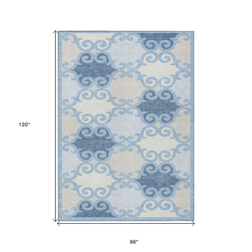 8' X 10' Sky Blue Gray And Ivory Trellis Washable Indoor Outdoor Area Rug