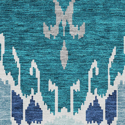 10' X 14' Teal Blue Navy Blue And Gray Ikat Washable Indoor Outdoor Area Rug