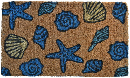 18" X 30" Blue and Brown Coir Seashells Outdoor Door Mat