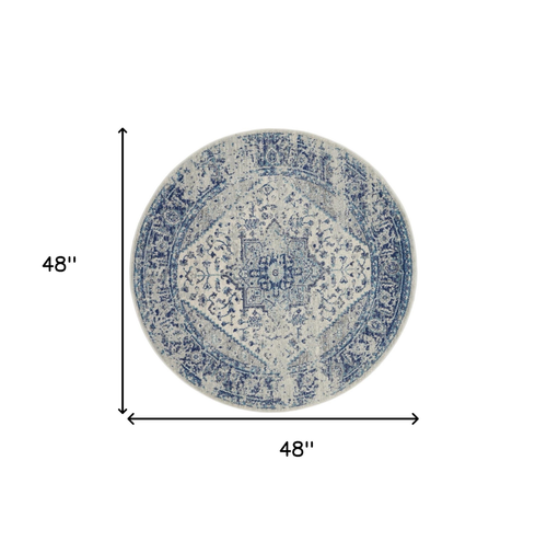 4' Ivory And Light Blue Floral Medallion Distressed Round Rug