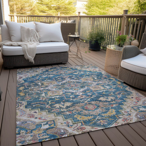 5' X 8' Blue Beige And Gold Oriental Washable Indoor Outdoor Area Rug