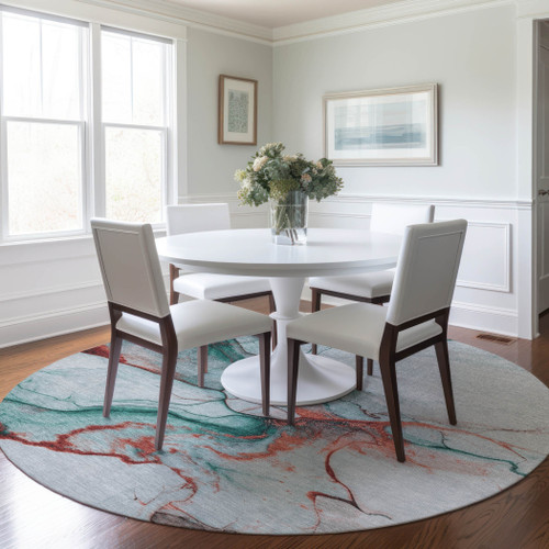 8' Teal Blue And Terra Cotta Round Abstract Washable Indoor Outdoor Area Rug