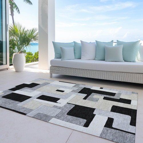8' X 10' Black Ivory And Beige Geometric Washable Indoor Outdoor Area Rug